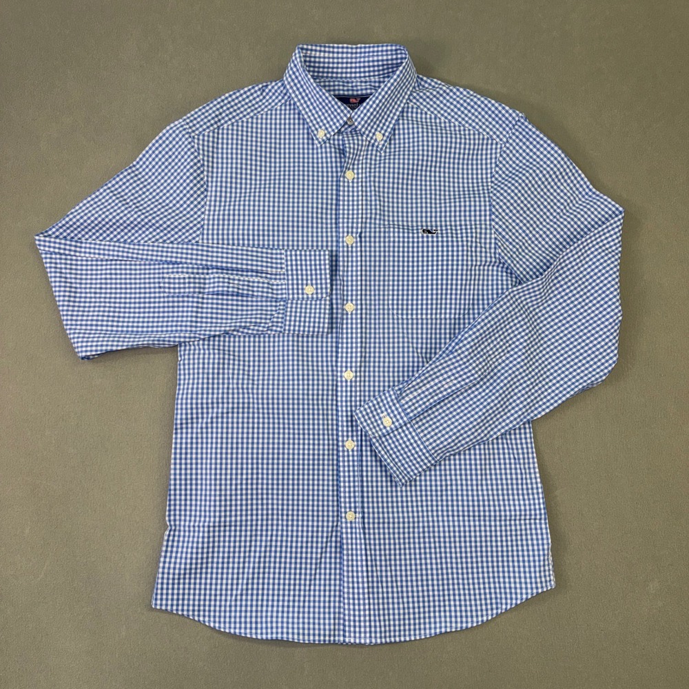 Vineyard Vines Mens Blue White Gingham Whale Logo Button Down Shirt Small